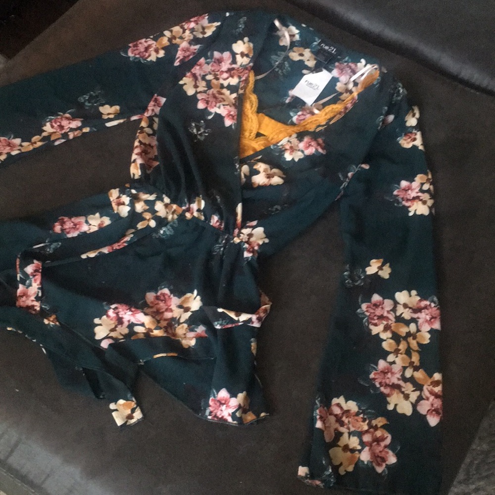 Green floral tie blouse & mustard yellow Bralette